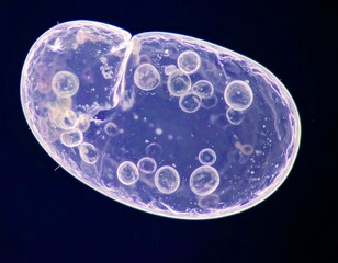 Close-up view of an oval-shaped organism, exhibiting a translucent quality with numerous small, round, light-colored bubbles, set against a dark background.