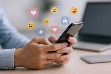 Hands Using Smartphone with Social Media Icons Floating, Representing Connection, Engagement, and Digital Interaction