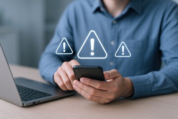 Man Holds Smartphone Receiving Error Notification, Caution Message on Mobile Device, Cyber Security Threat
