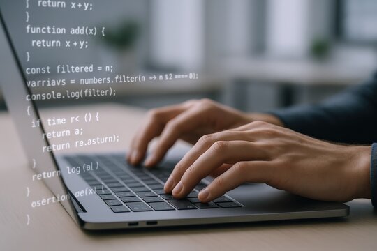 Coding on Laptop: Developer Hands Typing JavaScript Code for Software Engineering Project, Blurred Background
