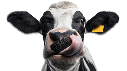 Black and white Holstein cow close up, tongue reaching into nose, isolated on white or transparent background