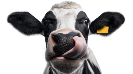 Black and white Holstein cow close up, tongue reaching into nose, isolated on white or transparent background