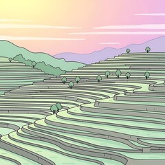 Stylized paddy fields landscape with pastel colors and gentle gradients