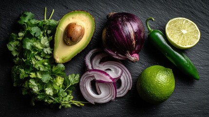 Fresh Ingredients for Guacamole on a Dark Slate Surface.