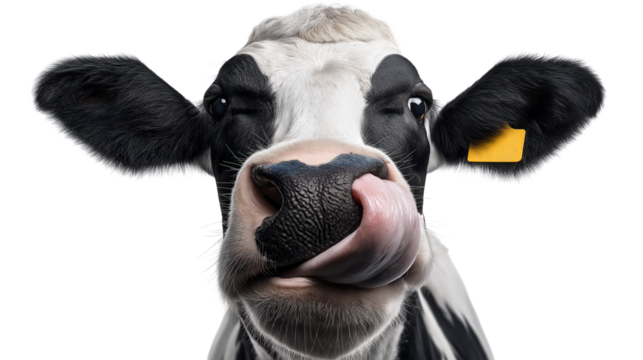 Black and white Holstein cow close up, tongue reaching into nose, isolated on white or transparent background