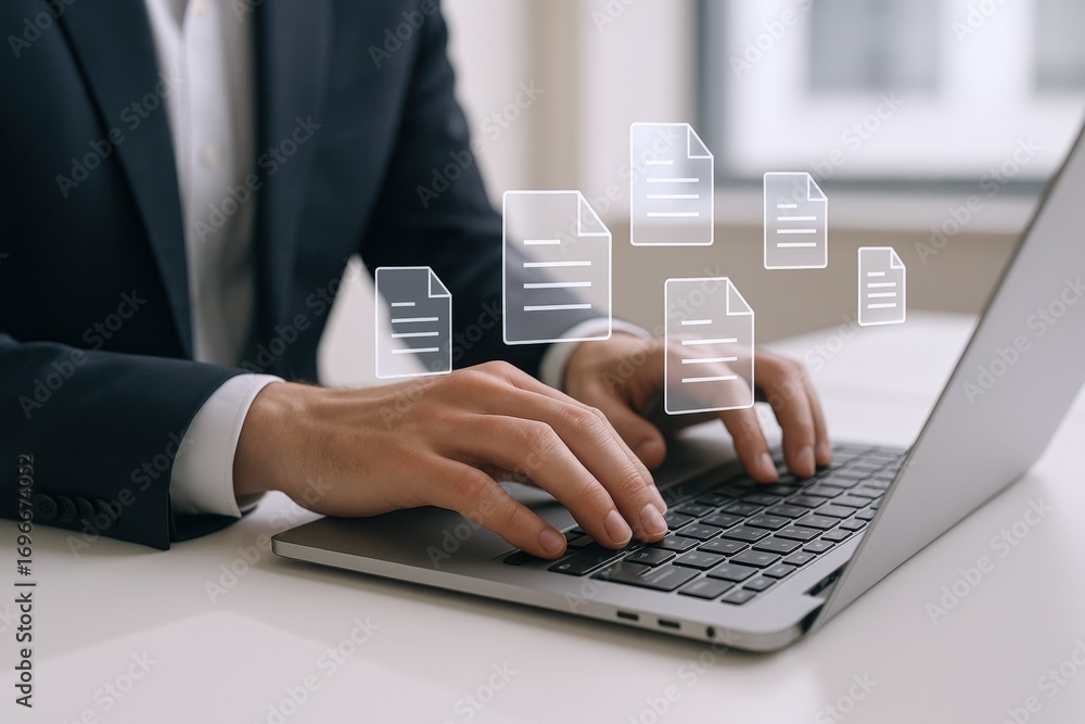 Poster businessman typing on laptop with documents icons, representing digital data management and workflow