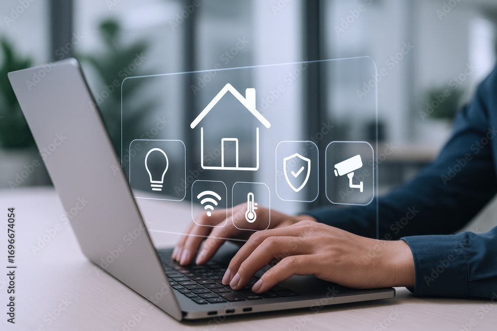 Poster smart home automation system: person using laptop to control home devices via digital interface