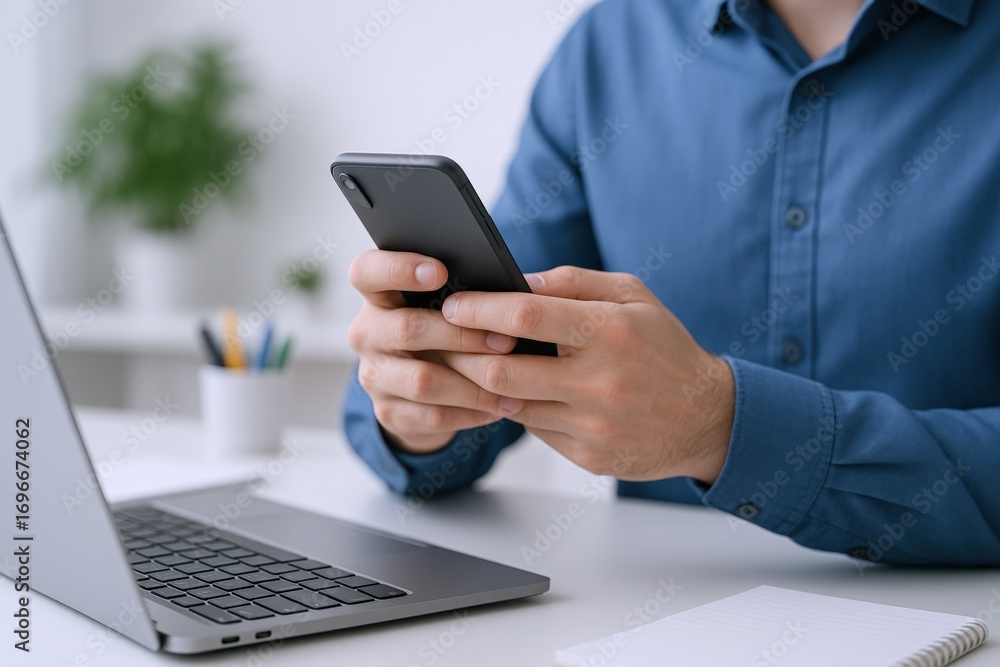 Poster man using smartphone at desk with laptop for business communication and mobile technology