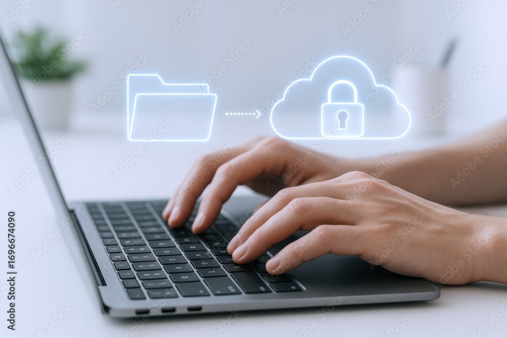 Poster cloud security concept: person typing on laptop with cloud and folder icons for data transfer