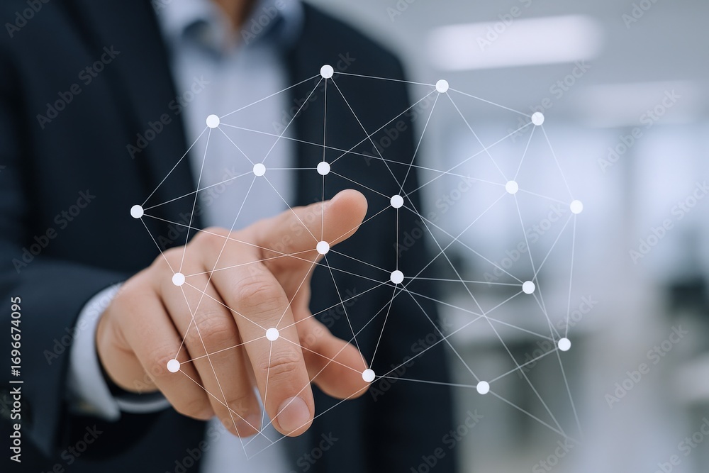 Aufkleber man touching digital network interface, data visualization concept with futuristic technology and co