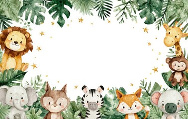 Naklejka premium Cute cartoon animals framed by tropical leaves and gold stars