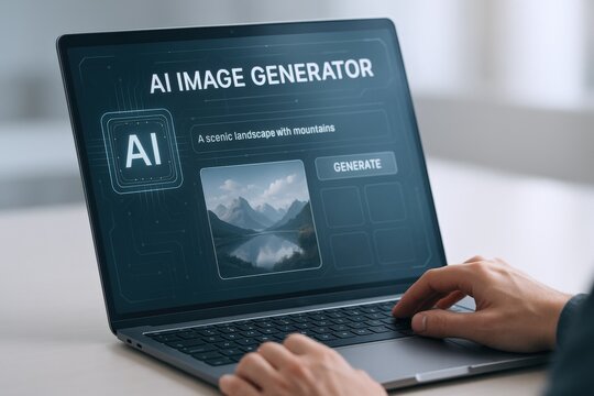 AI Image Generator Interface on Laptop Screen Displaying Landscape Art Created with Generative Technology