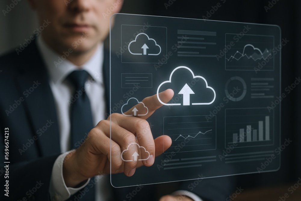 Poster businessman interacting with cloud computing interface: data storage, network solutions, and modern 