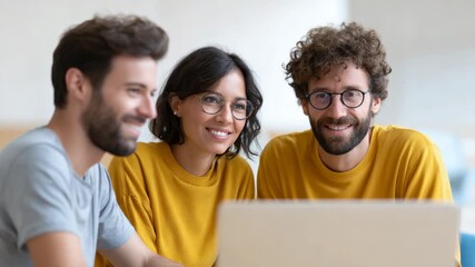 Young family collaborating on laptop, sharing joyful remote work moment, embracing digital nomad lifestyle with genuine smiles and connection - Powered by Adobe