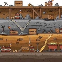 Underground gold mining process illustration with dynamite and minecarts