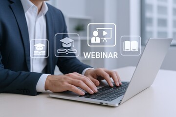 Professional Uses Laptop for Webinar, E-learning, and Online Education, Seeking Knowledge, Self-improvement, and Career Goals