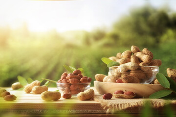 Peanuts on wooden table with crop fields in the background