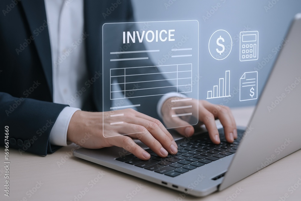 Poster efficient business management: person using laptop for online invoice processing and financial repor