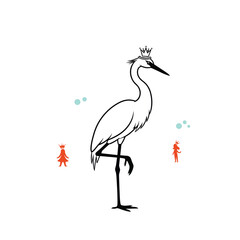 Obraz premium Whimsical illustration of a standing bird wearing a crown surrounded by small figures and bubbles