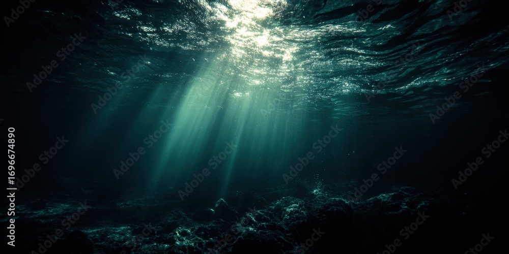Poster underwater sunlight filtering through the ocean's depths, creating a serene and mysterious atmospher