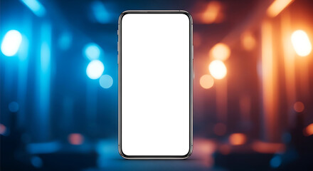 Mobile phone template with an isolated white display against a blurry neon blue and orange background