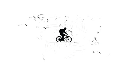 Silhouette of a cyclist with a backpack on a white background, symbolizing freedom and adventure