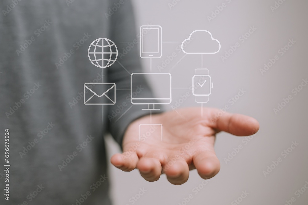 Poster digital connectivity concept: man holding virtual device icons representing communication and techno