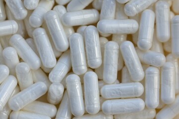 Close-up of a pile of white, shiny capsules. Concept of: Medication.