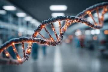DNA helix glowing with orange strands suspended in futuristic hospital environment symbolizing biotechnology genetic science and innovation