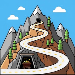 Whimsical mining landscape with winding road and gold filled ore cart