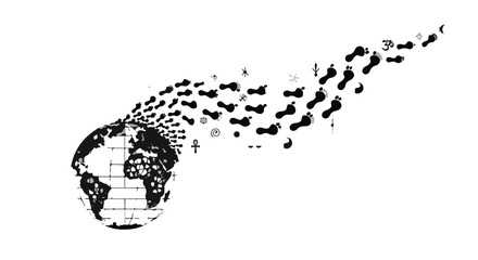 Global connection dissolving into digital data streams and abstract shapes, symbolizing interconnectedness and information flow.
