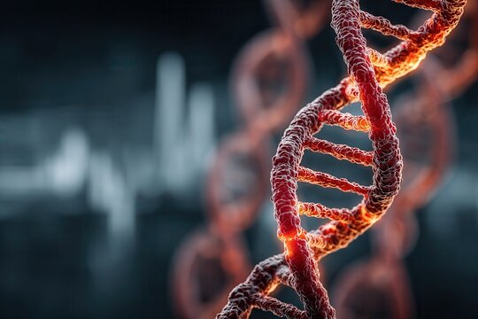 DNA double helix glowing in red futuristic visualization with blurred hospital charts in background symbolizing medical genetics innovation