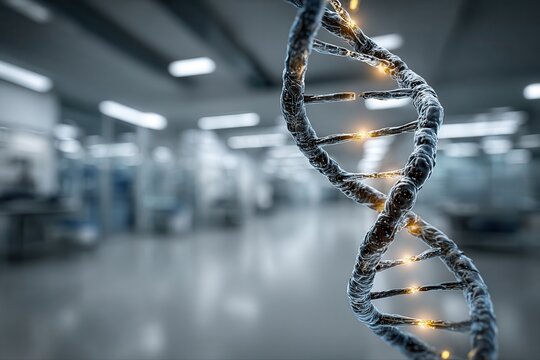 DNA helix glowing with golden strands close-up in futuristic hospital corridor symbolizing biotechnology medicine and genetic science - Powered by Adobe