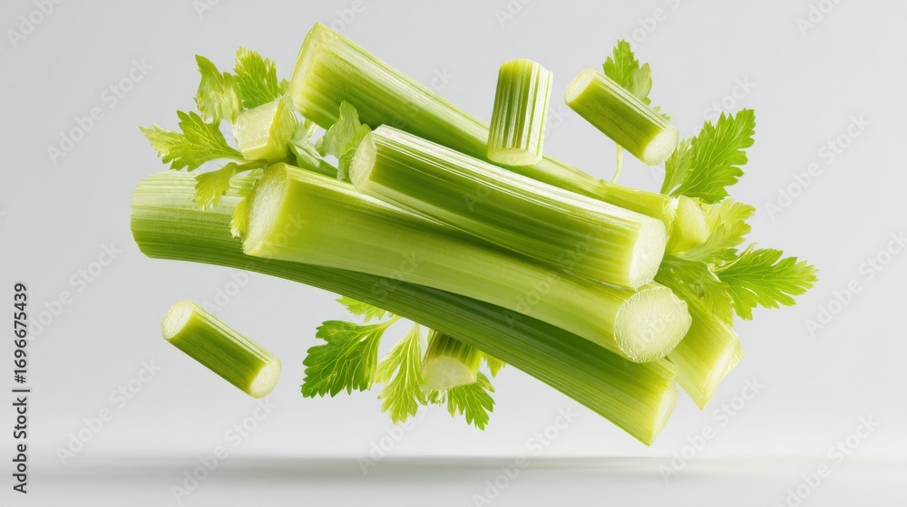 Poster fresh celery stalks and leaves floating in a compositional arrangement on a clean white background