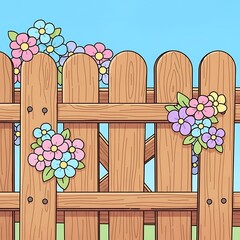 Whimsical wooden fence adorned with vibrant cartoon spring blossoms