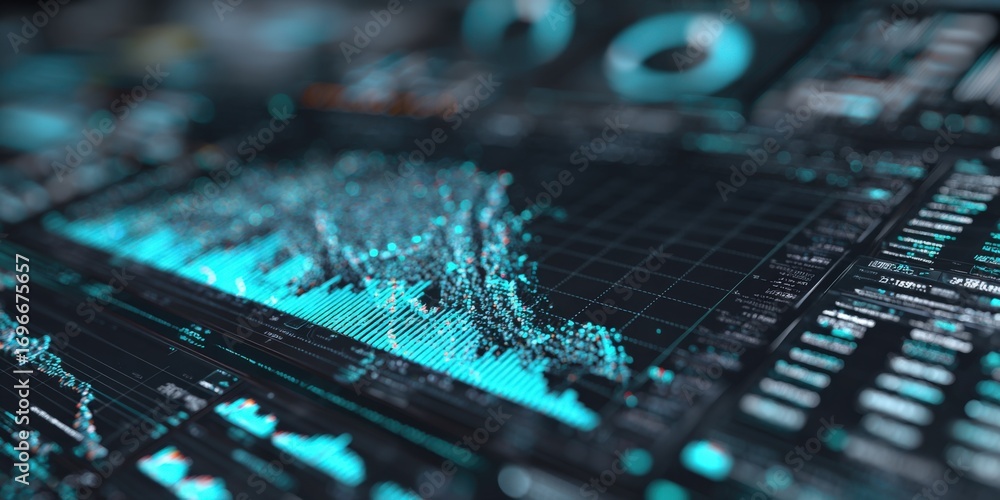 Poster abstract digital interface with charts, graphs, and data visualizations for business intelligence ap