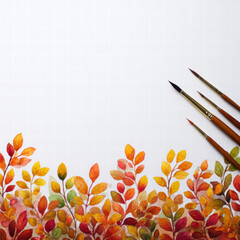 Autumn yellow orange and red leaves and paint brushes on white background. mockup for thanksgiving