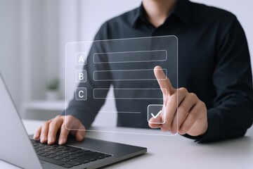 Man Completing Online Survey on Laptop with Digital Interface, Modern Technology, Business and Education Concept