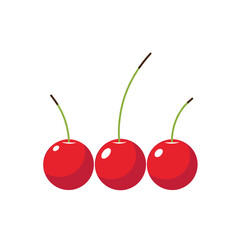 Three ripe red cherries with green stems on a white background fresh fruit illustration