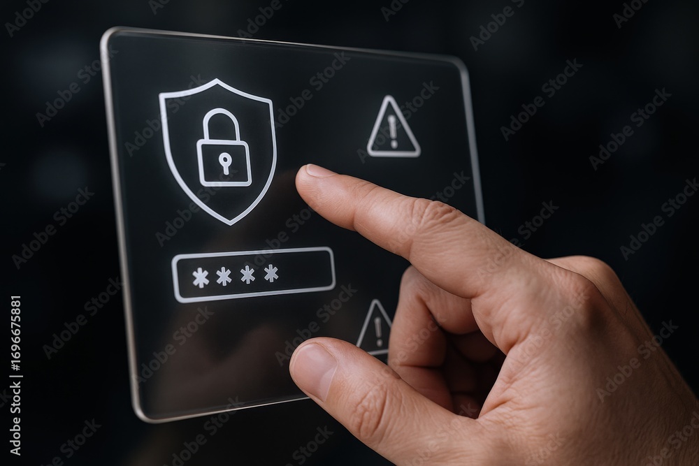 Poster data security interface with shield icon, lock, password field and hand interaction in a dark enviro
