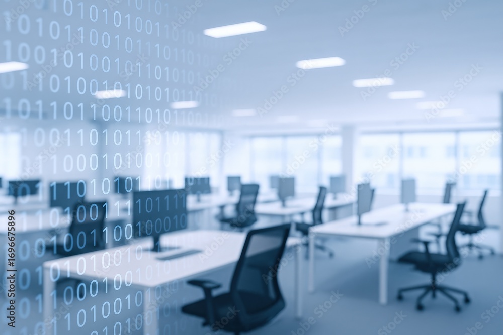 Poster modern open office with binary code overlay: technology, innovation, and data in a workspace environ