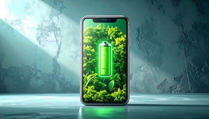 A modern smartphone displays a vibrant green battery icon, set against a lush, nature-inspired backdrop, creating a visually appealing and eco-conscious image.