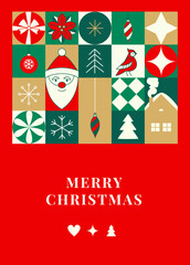 Merry Christmas Greeting Card with Nutcracker, Santa, and Reindeer, Festive Vector Illustration. Cozy Holiday Card with Christmas Ornaments, Snowman, and Gingerbread Man, Retro Flat Design
