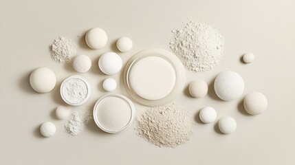 Neutral beauty products and ingredients flat lay