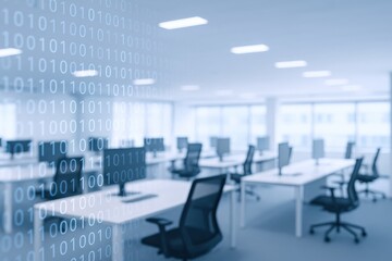 Modern Open Office with Binary Code Overlay: Technology, Innovation, and Data in a Workspace Environment