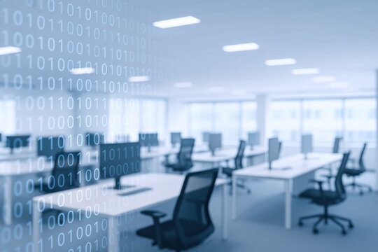 Modern Open Office with Binary Code Overlay: Technology, Innovation, and Data in a Workspace Environment
