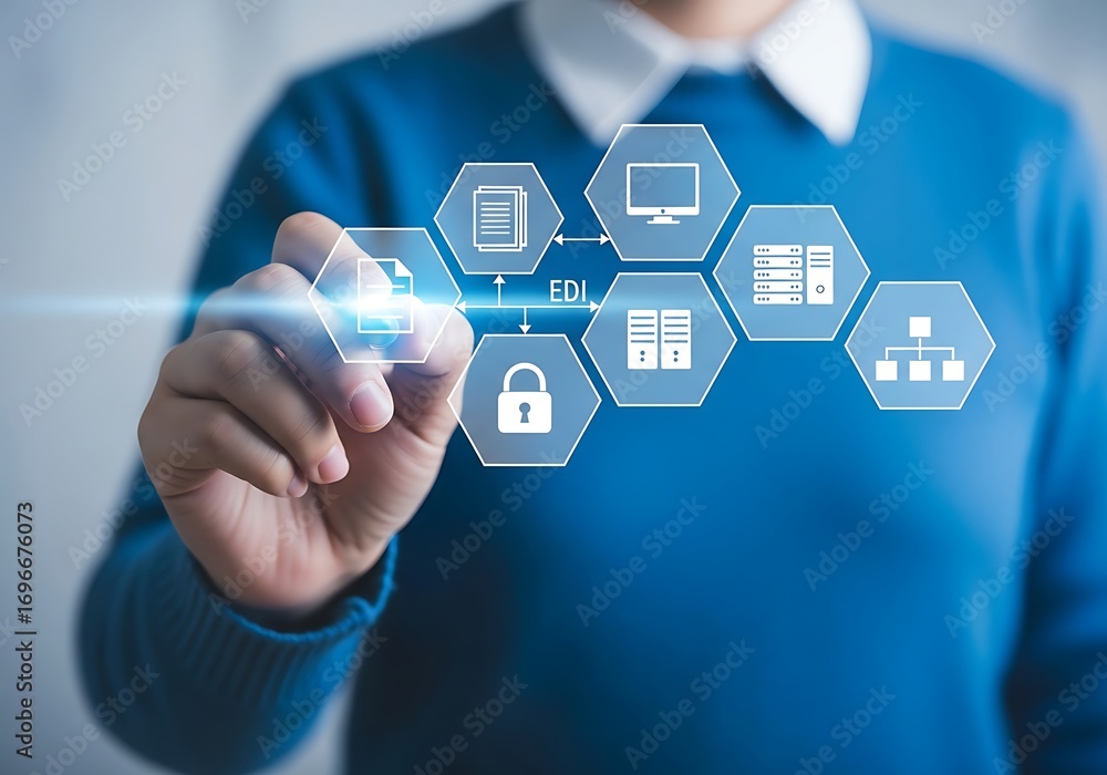 Poster person touching a network of digital icons representing data security and technology