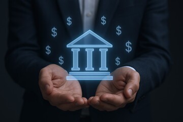 Man in Suit Presenting Bank Icon with Dollar Symbols, Financial Concept for Investment and Banking