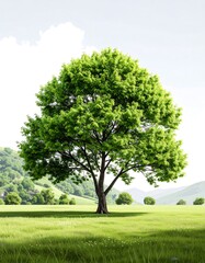 Fototapeta premium A solitary, vibrant tree stands tall in a serene meadow, bathed in soft sunlight, with rolling hills and a tranquil sky providing a picturesque backdrop.