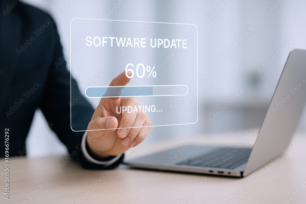 Poster software update in progress: businessman monitoring laptop upgrade with touch interface, technology 